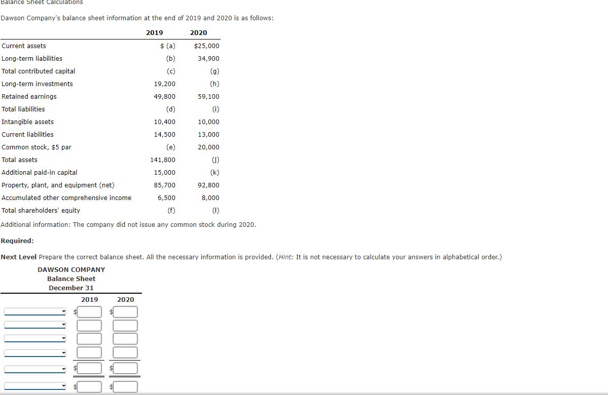 Balance Sheet Calculations
Dawson Company's balance sheet information at the end of 2019 and 2020 is as follows:
2019
2020
Current assets
$ (a)
$25,000
Long-term liabilities
(b)
34,900
Total contributed capital
(c)
(g)
Long-term investments
19,200
(h)
Retained earnings
49,800
59,100
Total liabilities
(d)
(i)
Intangible assets
10,400
10,000
Current liabilities
14,500
13,000
Common stock, $5 par
(e)
20,000
Total assets
141,800
(i)
Additional paid-in capital
15,000
(k)
Property, plant, and equipment (net)
85,700
92,800
Accumulated other comprehensive income
6,500
8,000
Total shareholders' equity
(f)
(1)
Additional information: The company did not issue any common stock during 2020.
Required:
Next Level Prepare the correct balance sheet. All the necessary information is provided. (Hint: It is not necessary to calculate your answers in alphabetical order.)
DAWSON COMPANY
Balance Sheet
December 31
2019
2020
