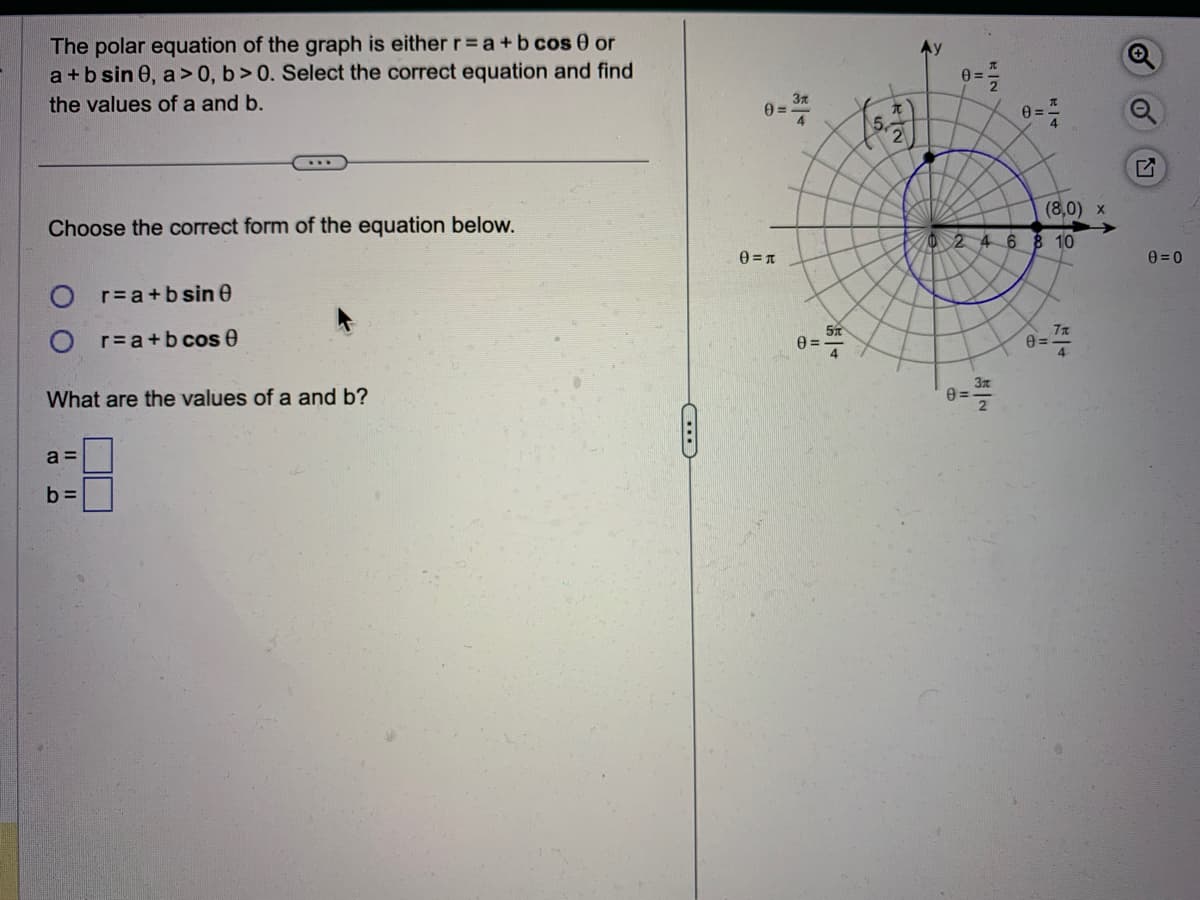 The polar equation of the graph is either r= a + b cos 0 or
a+bsin 8, a > 0, b>0. Select the correct equation and find
the values of a and b.
Choose the correct form of the equation below.
O r=a+bsin 0
Or=a+bcos 0
What are the values of a and b?
a=
b=
0=
0=A
3x
0=
5
| +
5.
RIN
0=
H|N
2
0=
4
(8,0) x
02 4 6 8 10
e=
-74
Q
0=0