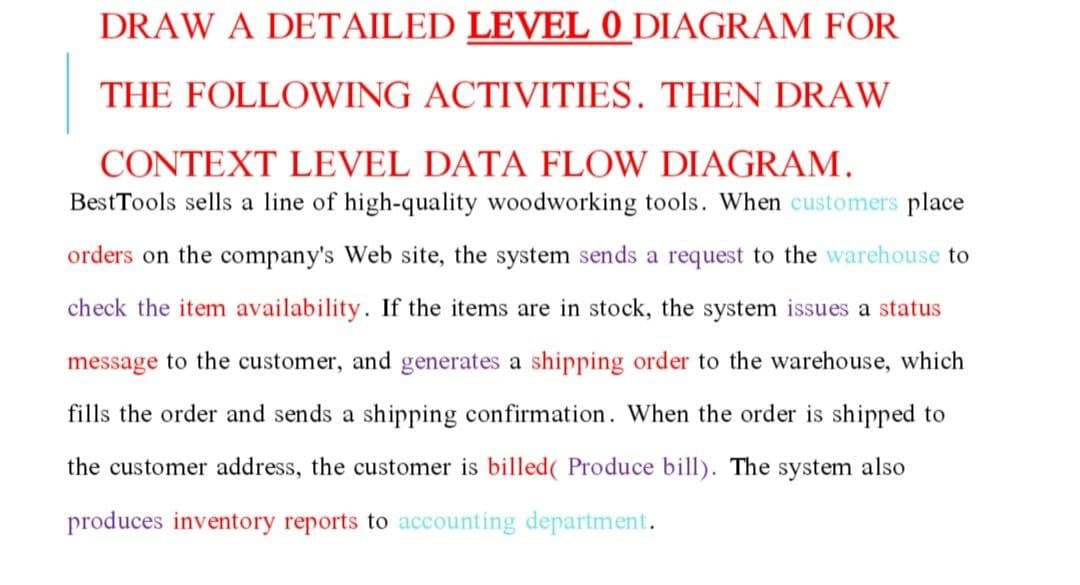 DRAW A DETAILED LEVEL 0 DIAGRAM FOR
THE FOLLOWING ACTIVITIES. THEN DRAW
CONTEXT LEVEL DATA FLOW DIAGRAM.
BestTools sells a line of high-quality woodworking tools. When customers place
orders on the company's Web site, the system sends a request to the warehouse to
check the item availability. If the items are in stock, the system issues a status
message to the customer, and generates a shipping order to the warehouse, which
fills the order and sends a shipping confirmation. When the order is shipped to
the customer address, the customer is billed( Produce bill). The system also
produces inventory reports to accounting department.
