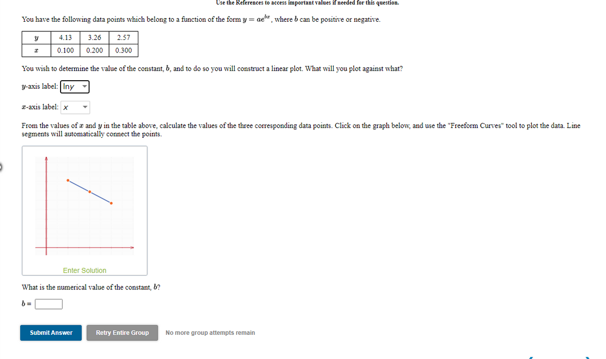 Use the References to access important values if needed for this question.
You have the following data points which belong to a function of the form y = ae", where b can be positive or negative.
4.13
3.26
2.57
0.100
0.200
0.300
You wish to determine the value of the constant, 6, and to do so you will construct a linear plot. What will you plot against what?
y-axis label: Iny -
x-axis label: x
From the values of a and y in the table above, calculate the values of the three corresponding data points. Click on the graph below, and use the "Freeform Curves" tool to plot the data. Line
segments will automatically connect the points.
Enter Solution
What is the numerical value of the constant, b?
b =
Submit Answer
Retry Entire Group
No more group attempts remain
