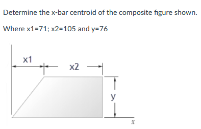 Determine the x-bar centroid of the composite figure shown.
Where x1=71; x2=105 and y=76
х1
+ x2
y
