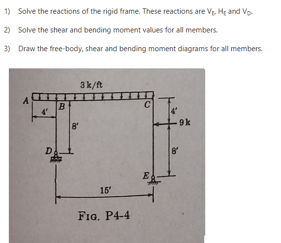 1) Solve the reactions of the rigid frame. These reactions are Vg, Hɛ and Vp.
2) Solve the shear and bending moment values for all members.
3) Draw the free-body, shear and bending moment diagrams for all members.
3k/ft
A
4'
9 k
8'
8'
E
15'
FIG. P4-4
