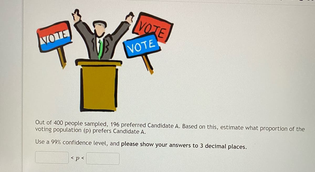 LVOTE
VOTE
VOTE
Out of 400 people sampled, 196 preferred Candidate A. Based on this, estimate what proportion of the
voting population (p) prefers Candidate A.
Use a 99% confidence level, and please show your answers to 3 decimal places.
< p <
