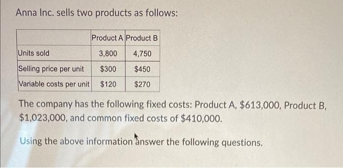 Anna Inc. sells two products as follows:
Product A Product B
Units sold
3,800
4,750
Selling price per unit
$300
$450
Variable costs per unit $120 $270
The company has the following fixed costs: Product A, $613,000, Product B,
$1,023,000, and common fixed costs of $410,000.
Using the above information answer the following questions.