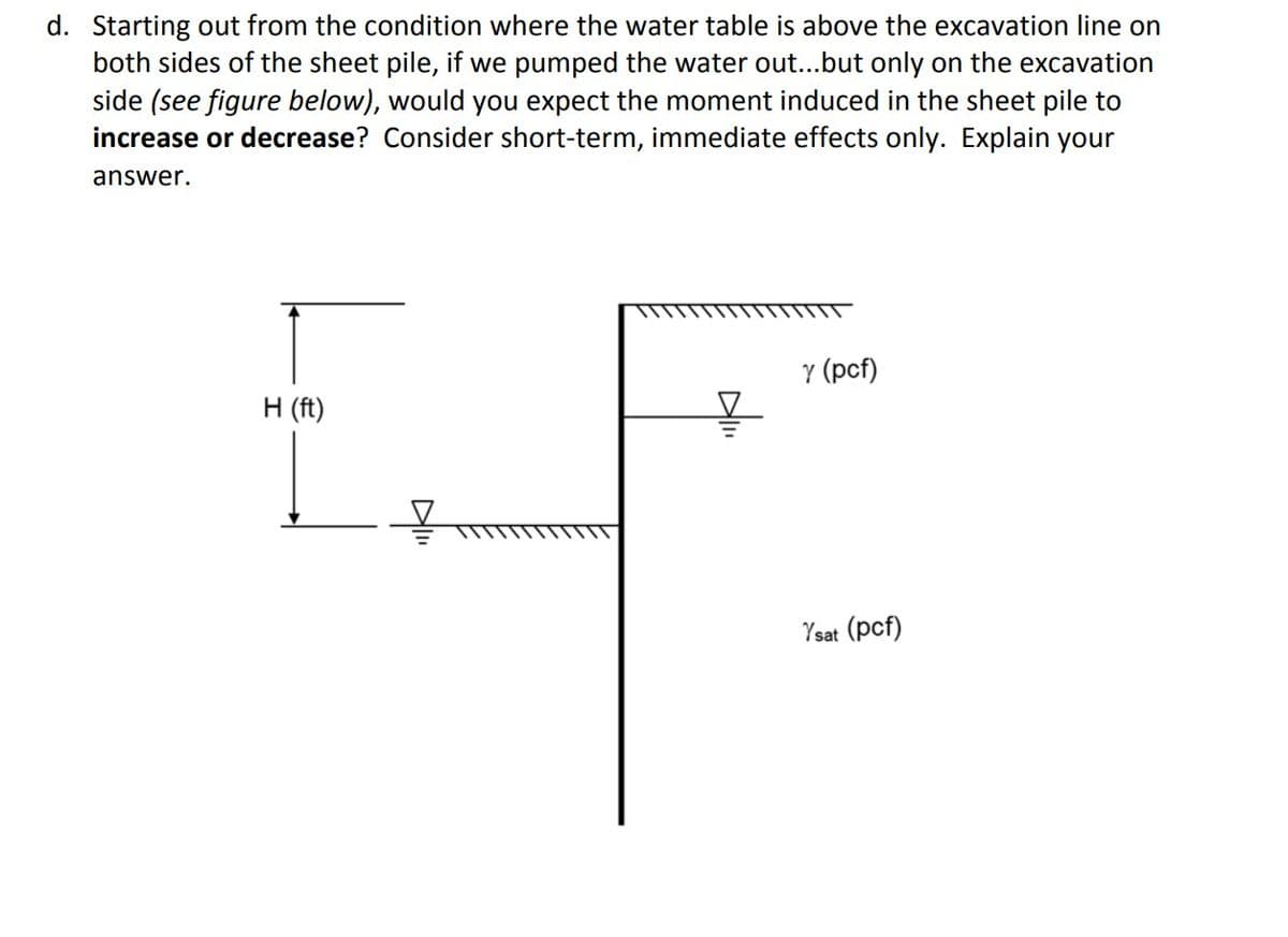 d. Starting out from the condition where the water table is above the excavation line on
both sides of the sheet pile, if we pumped the water out...but only on the excavation
side (see figure below), would you expect the moment induced in the sheet pile to
increase or decrease? Consider short-term, immediate effects only. Explain your
answer.
y (pcf)
H (ft)
Ysat (pcf)