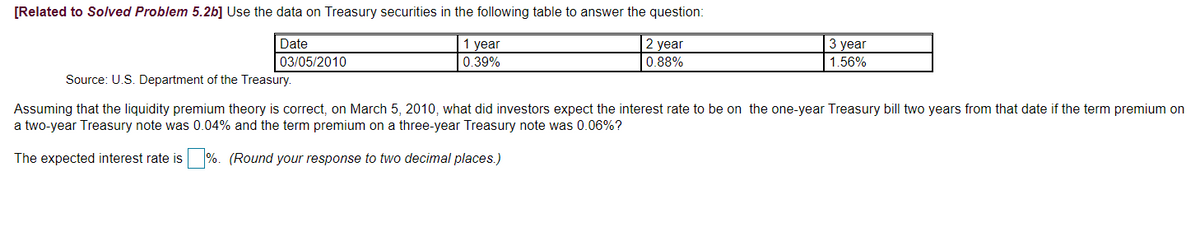 [Related to Solved Problem 5.2b] Use the data on Treasury securities in the following table to answer the question:
1 year
0.39%
Date
2 year
3 year
03/05/2010
0.88%
1.56%
Source: U.S. Department of the Treasury.
Assuming that the liquidity premium theory is correct, on March 5, 2010, what did investors expect the interest rate to be on the one-year Treasury bill two years from that date if the term premium on
a two-year Treasury note was 0.04% and the term premium on a three-year Treasury note was 0.06%?
The expected interest rate is %. (Round your response to two decimal places.)
