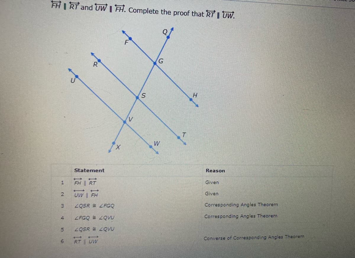 FHI RT and UW I FH. Complete the proof that RT I UW.
G.
Statement
Reason
1
FH RT
Given
UW | FH
Given
ZQSR E LFGQ
Corresponding Angles Theorenm
ZFGQ ZQVU
Corresponding Angles Theorem
4.
ZQSR E LQVU
Converse of Corresponding Angles Theorem
RT UW
5n
