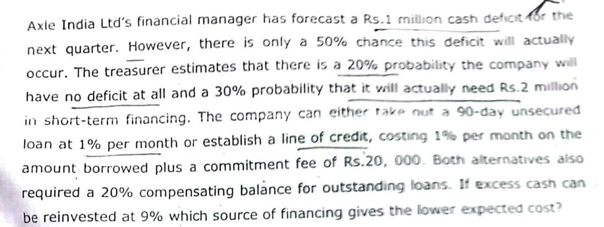 Axle India Ltd's financial manager has forecast a Rs.1 million cash deficit for the
next quarter. However, there is only a 50% chance this deficit will actually
occur. The treasurer estimates that there is a 20% probability the company will
have no deficit at all and a 30% probability that it will actually need Rs.2 million
in short-term financing. The company can either take out a 90-day unsecured
loan at 1% per month or establish a line of credit, costing 1% per month on the
amount borrowed plus a commitment fee of Rs.20, 000. Both alternatives also
required a 20% compensating balance for outstanding loans. If excess cash can
be reinvested at 9% which source of financing gives the lower expected cost?