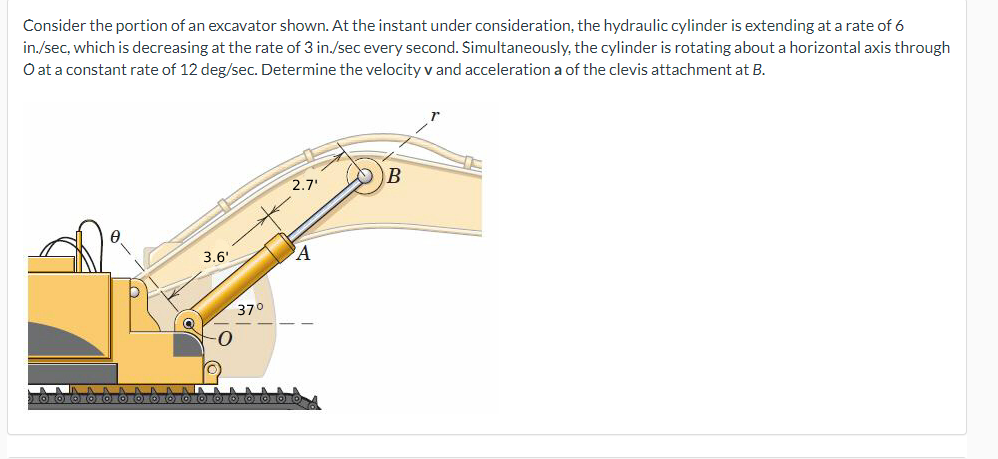 Consider the portion of an excavator shown. At the instant under consideration, the hydraulic cylinder is extending at a rate of 6
in./sec, which is decreasing at the rate of 3 in./sec every second. Simultaneously, the cylinder is rotating about a horizontal axis through
O at a constant rate of 12 deg/sec. Determine the velocity v and acceleration a of the clevis attachment at B.
2.7'
3.6'
370
AAA AAA NA
