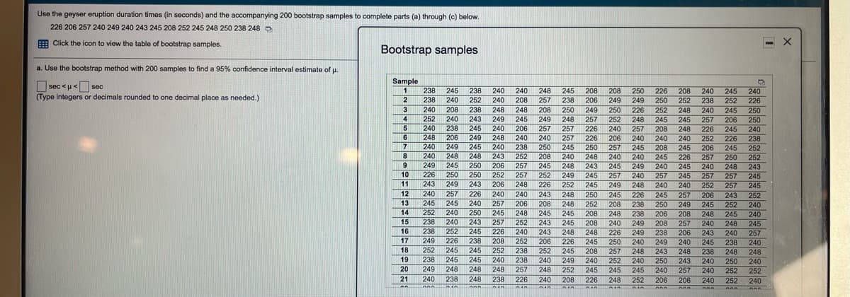 Use the geyser eruption duration times (in seconds) and the accompanying 200 bootstrap samples to complete parts (a) through (c) below.
226 206 257 240 249 240 243 245 208 252 245 248 250 238 248 D
E Click the icon to view the table of bootstrap samples.
- X
Bootstrap samples
a. Use the bootstrap method with 200 samples to find a 95% confidence interval estimate of u.
sec <u< sec
(Type integers or decimals rounded to one decimal place as needed.)
Sample
238
245
238
240
240
248
245
208
206
208
250
226
208
240
245
240
2
238
240
252
240
208
257
238
249
249
250
252
238
252
226
3
240
208
238
248
248
208
250
249
226
240
245
250
250
252
240
252
248
4
252
240
243
249
245
249
248
257
248
245
245
257
206
250
5
240
238
245
240
206
257
257
226
257
208
248
226
245
240
248
206
249
248
240
240
257
226
206
240
240
240
252
226
238
7
240
249
245
240
238
250
245
250
257
245
208
245
206
245
252
8
240
248
248
243
252
208
240
248
240
240
245
226
257
250
252
9.
249
250
206
245
226
250
243
257
245
248
243
245
249
240
245
240
248
243
245
245
10
250
252
257
252
249
245
257
240
257
245
257
257
11
249
243
206
248
226
252
252
249
250
245
248
240
240
257
12
240
257
226
240
240
243
248
245
226
245
257
206
243
252
13
245
245
240
257
206
208
248
252
208
238
250
249
245
252
240
240
245
14
252
240
250
245
248
245
245
208
248
238
206
208
248
245
257
226
15
238
240
252
243
252
243
245
208
240
249
208
257
240
248
16
238
245
240
243
248
248
226
249
238
206
243
240
257
17
249
226
238
208
252
206
252
226
245
250
240
249
240
245
238
240
18
252
245
257
245
245
248
252
238
245
208
248
243
248
238
248
248
19
238
249
245
240
238
240
249
240
252
250
240
248 252 206 206
240
243
240
250
240
252
240 252 240
20
248
257
248
257
240 238 248 238 226 240 208 226
248
252
245
245
245
240
252
21
