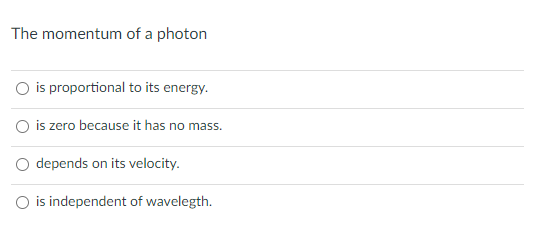 The momentum of a photon
is proportional to its energy.
O is zero because it has no mass.
O depends on its velocity.
O is independent of wavelegth.
