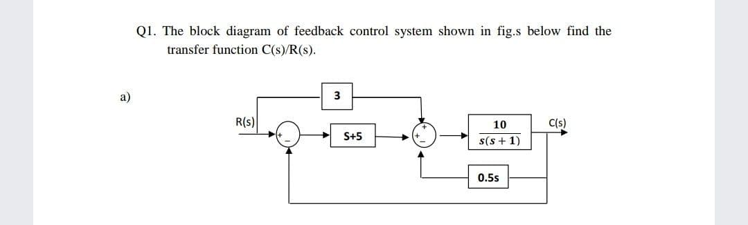 Q1. The block diagram of feedback control system shown in fig.s below find the
transfer function C(s)/R(s).
a)
3
R(s)
10
C(s)
S+5
s(s + 1)
0.5s

