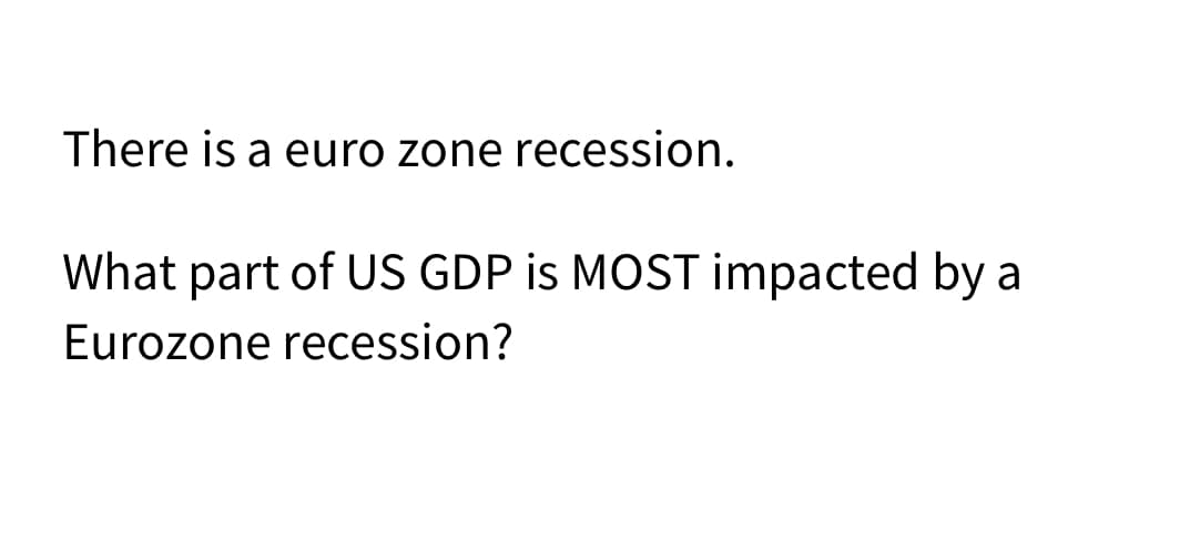 There is a euro zone recession.
What part of US GDP is MOST impacted by a
Eurozone recession?
