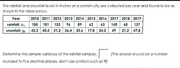 The rainfall and snowtall levels in inches at a certain city are collected per year and found to be as
shown in the table below.
| 2010 2011 2012 2013 2014 2015 2016 2017 2018 2019
rainfall: ar, 108 101 133 96 89 62 63 140 66 137
snowfall: y 42.2 40.4 51.2 36.4 35.6 17.8 24.2 49 21.2 47.6
Year
Determine the sample variance of the raintall samples.
[The answer should be a number
rounded to five decimal places, don't use symbols such as
