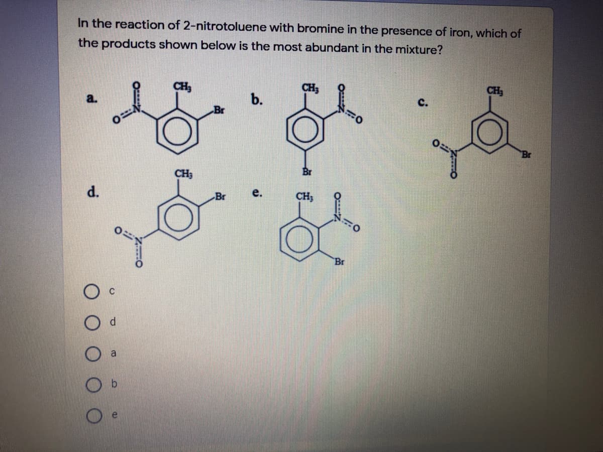 In the reaction of 2-nitrotoluene with bromine in the presence of iron, which of
the products shown below is the most abundant in the mixture?
CH,
CH3
CH3
a.
b.
с.
CH3
CH;
Br
a
