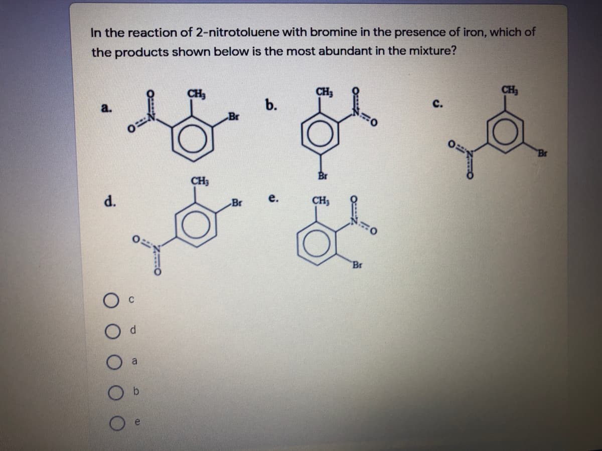 In the reaction of 2-nitrotoluene with bromine in the presence of iron, which of
the products shown below is the most abundant in the mixture?
CH,
CH3
CH3
a.
b.
с.
Br
Br
CH3
d.
Br
CH3
Br
a
b.
e
