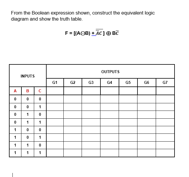 From the Boolean expression shown, construct the equivalent logic
diagram and show the truth table.
F = [(AOB) +ĀC]O BC
OUTPUTS
INPUTS
G1
G2
G3
G4
G5
G6
G7
A
в
1
1
1
1
1
1
1
1
1,
1,
