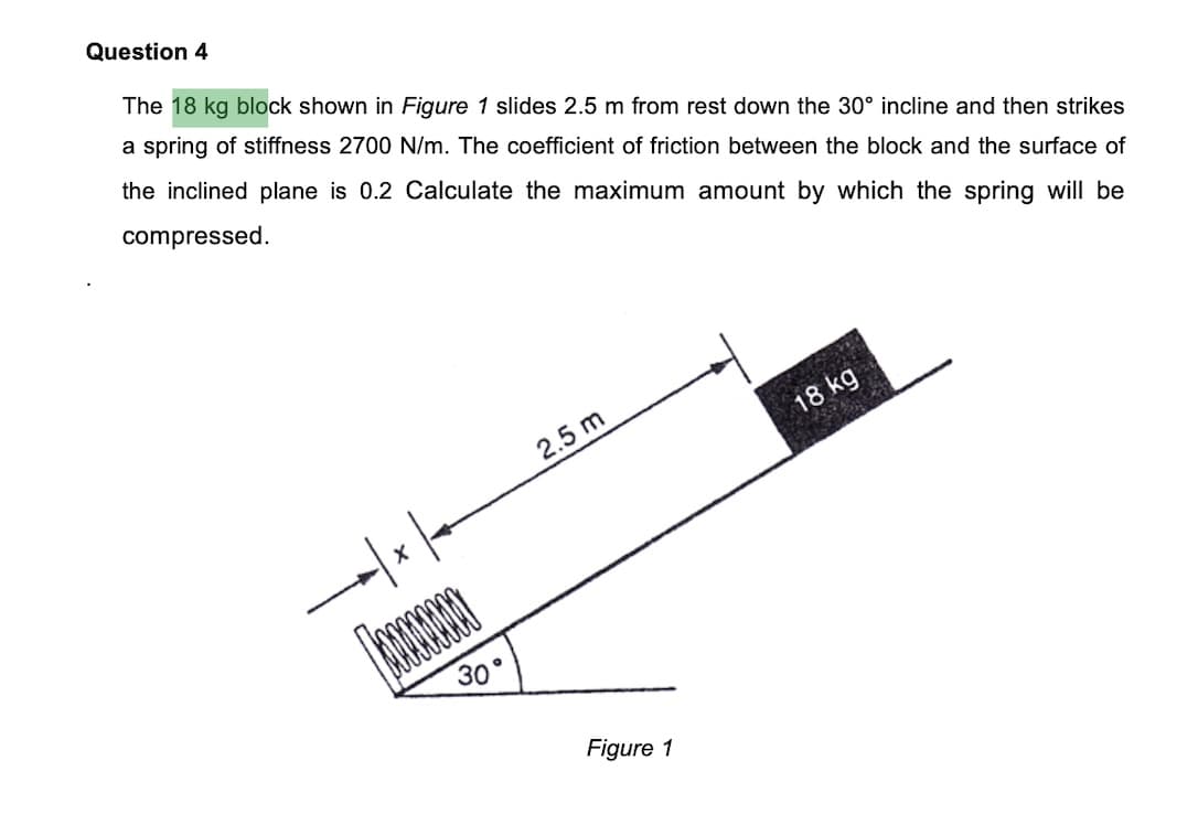 Question 4
The 18 kg block shown in Figure 1 slides 2.5 m from rest down the 30° incline and then strikes
a spring of stiffness 2700 N/m. The coefficient of friction between the block and the surface of
the inclined plane is 0.2 Calculate the maximum amount by which the spring will be
compressed.
18 kg
2.5 m
30
Figure 1
