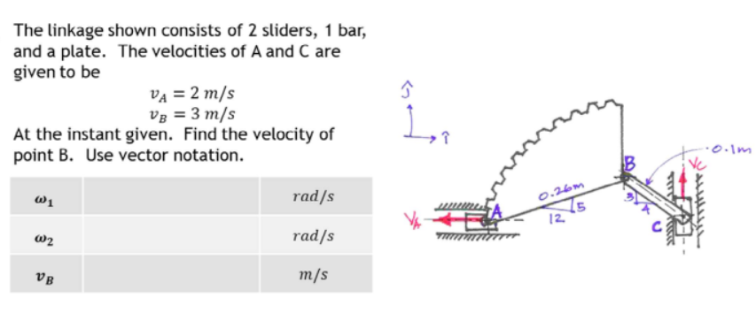 The linkage shown consists of 2 sliders, 1 bar,
and a plate. The velocities of A and C are
given to be
VA = 2 m/s
Vg = 3 m/s
At the instant given. Find the velocity of
point B. Use vector notation.
0.1m
W1
rad/s
0.26m
12.
rad/s
VB
m/s
