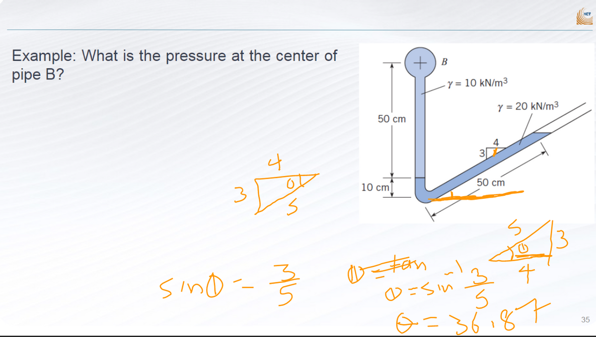 Example: What is the pressure at the center of
pipe B?
+) B
y = 10 kN/m3
y = 20 kN/m3
50 cm
4
50 cm
10 cm
sino- Ź
o =Sin
6=36187
35
