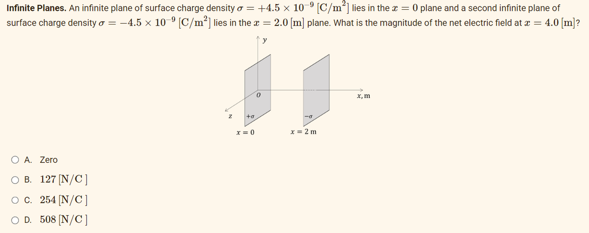 Infinite Planes. An infinite plane of surface charge density o = +4.5 × 10-⁹ [C/m²] lies in the x = 0 plane and a second infinite plane of
surface charge density o = −4.5 × 10-⁹ [C/m²] lies in the x = 2.0 [m] plane. What is the magnitude of the net electric field at x = 4.0 [m]?
-9
A. Zero
O B. 127 [N/C]
OC. 254 [N/C]
D. 508 [N/C]
Z
+o
x=0
0
y
x = 2 m
x, m