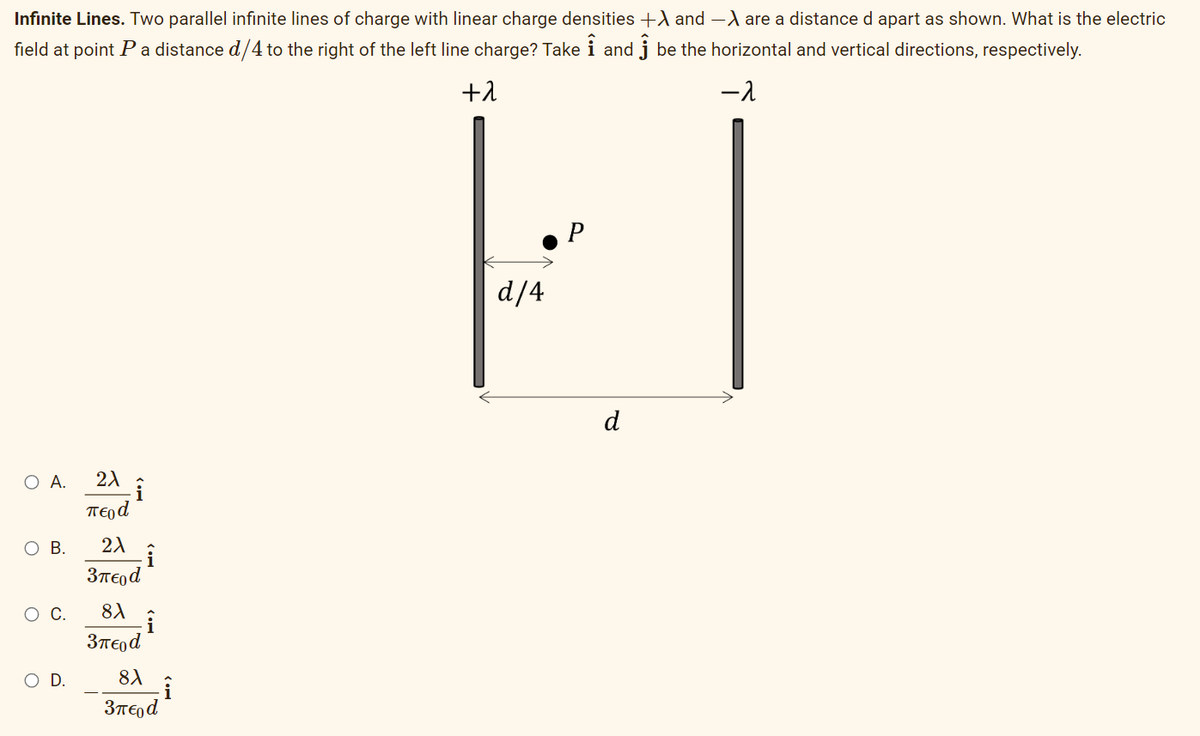 Infinite Lines. Two parallel infinite lines of charge with linear charge densities +λ and − λ are a distance d apart as shown. What is the electric
field at point P a distance d/4 to the right of the left line charge? Take ↑ and ĵ be the horizontal and vertical directions, respectively.
+λ
-λ
O A.
O B.
O C.
O D.
2λ
Teod
-Î
2λ
3πЄd
8X
3πЄd
Î
Î
8X
3πЄod
Î
d/4
P
d
