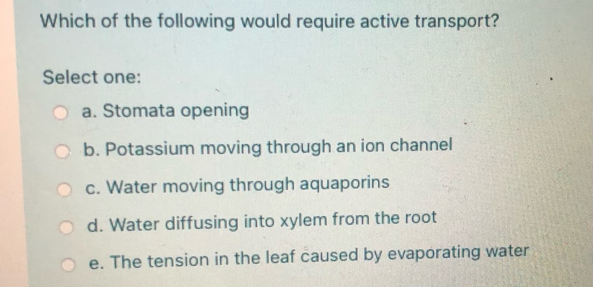 Which of the following would require active transport?
Select one:
O a. Stomata opening
b. Potassium moving through an ion channel
O c. Water moving through aquaporins
O d. Water diffusing into xylem from the root
e. The tension in the leaf caused by evaporating water
