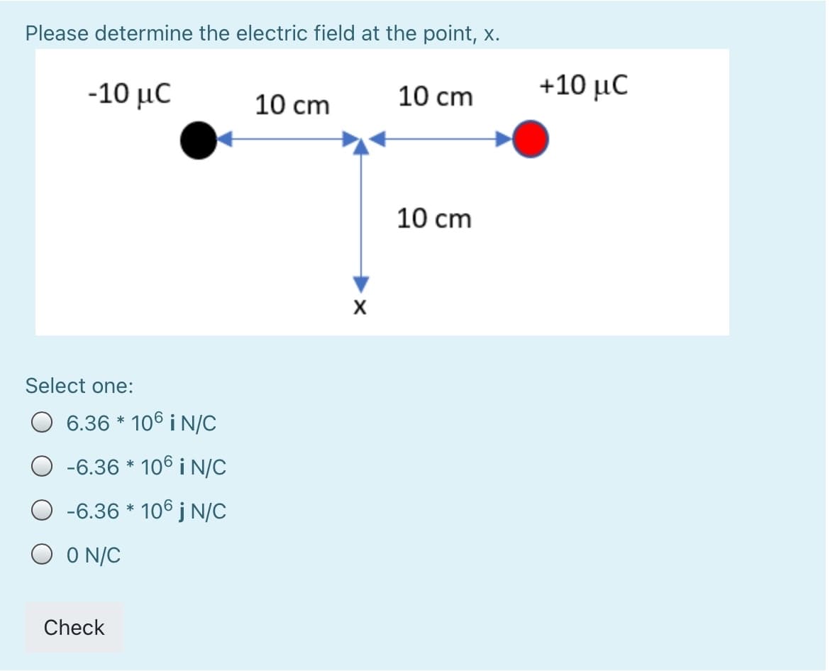 Please determine the electric field at the point, x.
-10 μC
10 cm
+10 μC
10 cm
10 cm
Select one:
O 6.36 * 106 i N/C
-6.36 * 106 i N/C
-6.36 * 106 j N/C
O O N/C
Check
