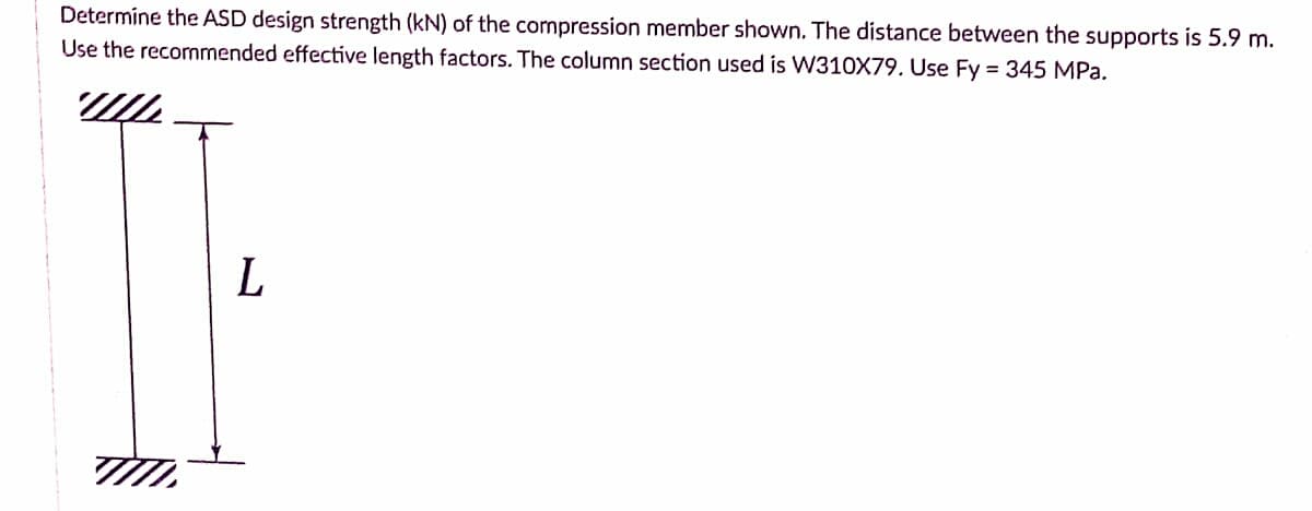 Determine the ASD design strength (kN) of the compression member shown. The distance between the supports is 5.9 m.
Use the recommended effective length factors. The column section used is W310X79. Use Fy=345 MPa.
W
L