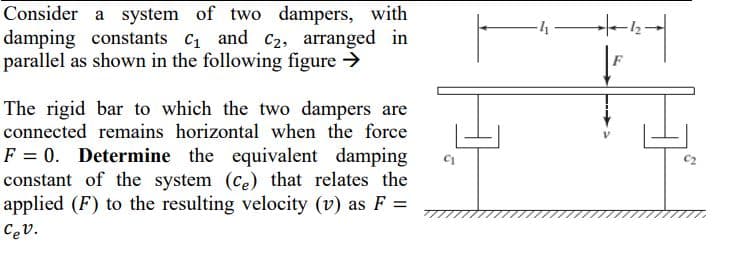 Consider a system of two dampers, with
damping constants C1 and C2, arranged in
parallel as shown in the following figure →
The rigid bar to which the two dampers are
connected remains horizontal when the force
F = 0. Determine the equivalent damping
constant of the system (ce) that relates the
applied (F) to the resulting velocity (v) as F =
Cev.
