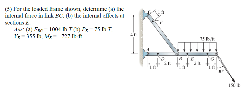 (5) For the loaded frame shown, determine (a) the
internal force in link BC, (b) the internal effects at
1 ft
sections E.
`F
Ans: (a) Fвс 3D 1004 lb T (b) P:%3D75 lb T,
VE = 355 lb, MẸ = -727 lb-ft
4 ft
75 lb/ft
|B
D
-2 ft
1 ft
-2 ft
1 ft
'1 ft
30°
150 lb
