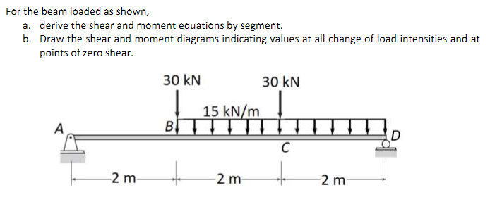 For the beam loaded as shown,
a. derive the shear and moment equations by segment.
b. Draw the shear and moment diagrams indicating values at all change of load intensities and at
points of zero shear.
30 kN
30 kN
15 kN/m
A
B
E
D.
C
-2 m-
2 m-
-2 m
