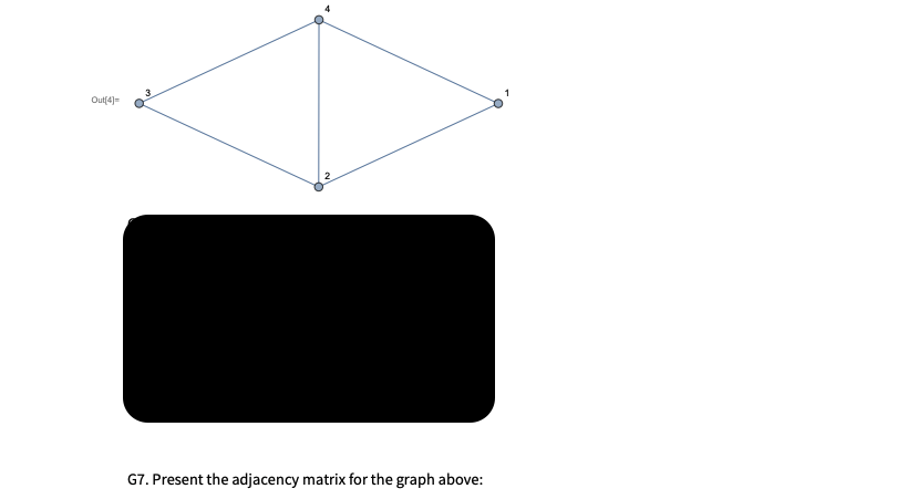 1
3.
Out(4)-
G7. Present the adjacency matrix for the graph above:
