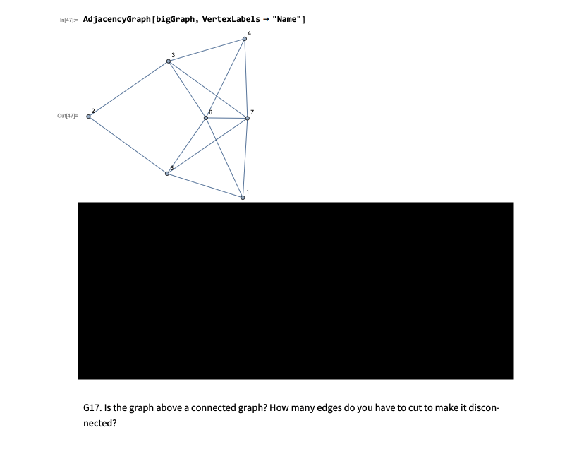 Inja7:= AdjacencyGraph [bigGraph, Vertexlabels - "Name"]
Out[47]=
G17. Is the graph above a connected graph? How many edges do you have to cut to make it discon-
nected?
