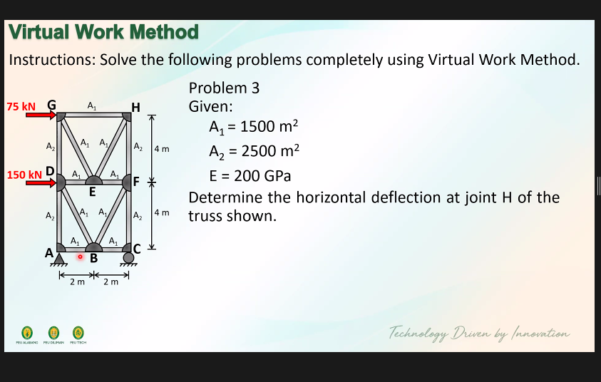 Virtual Work Method
Instructions: Solve the following problems completely using Virtual Work Method.
Problem 3
75 kN G
A,
_H
Given:
A, = 1500 m²
A2
A A
Az 14 m
A, = 2500 m²
150 kN
A,
A,
E = 200 GPa
E
Determine the horizontal deflection at joint H of the
truss shown.
А, А,
A,
A, 14 m
A,
A
2 m
2 m
Technology Driven by (nnovation
PEUALAANG RUDLPAN
PEU TECH
