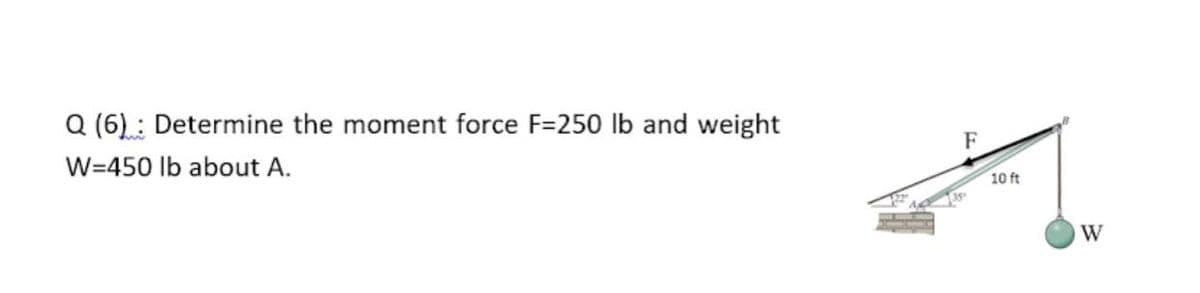 Q (6): Determine the moment force F=250 lb and weight
F
W=450 lb about A.
10 ft
W

