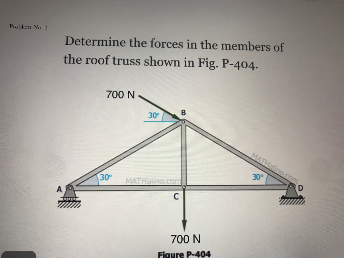 Problem No. 1
Determine the forces in the members of
the roof truss shown in Fig. P-404.
700 N
30
MATHalino.com
30°
30
MATHalino.com
700 N
Figure P-404
