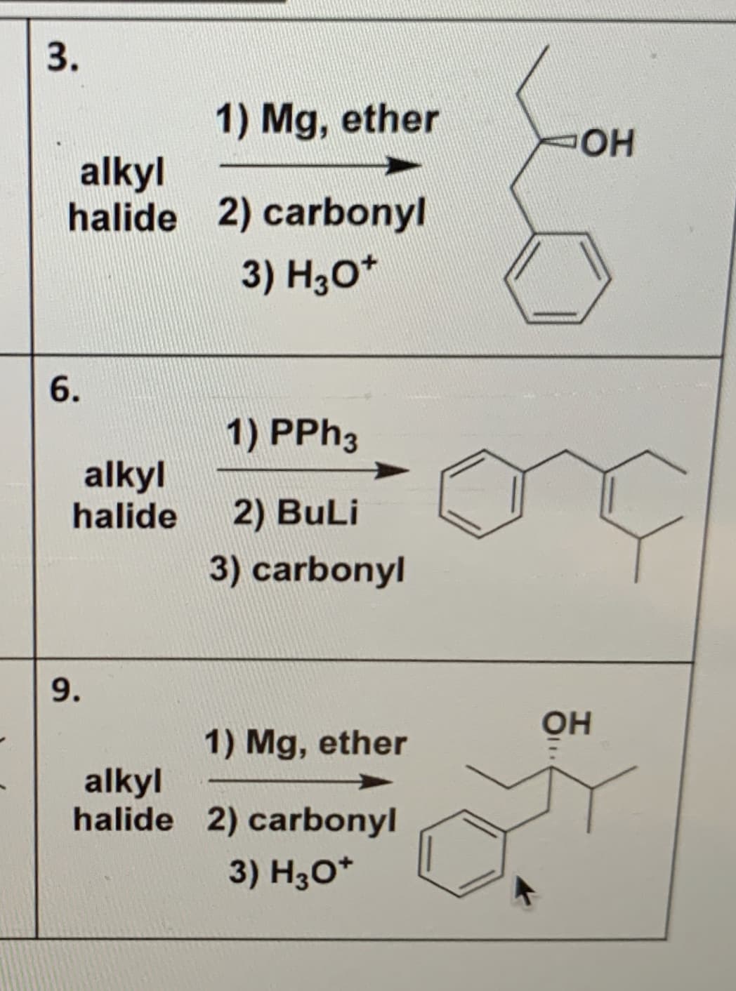 3.
1) Mg, ether
ОН
alkyl
halide 2) carbonyl
3) Hзо*
6.
1) PPH3
alkyl
halide
2) BuLi
3) carbonyl
9.
он
1) Mg, ether
alkyl
halide 2) carbonyl
3) Hзо*

