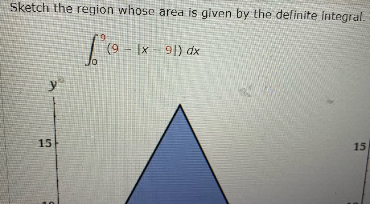 Sketch the region whose area is given by the definite integral.
6)
|x - 9|) dx
15
15
