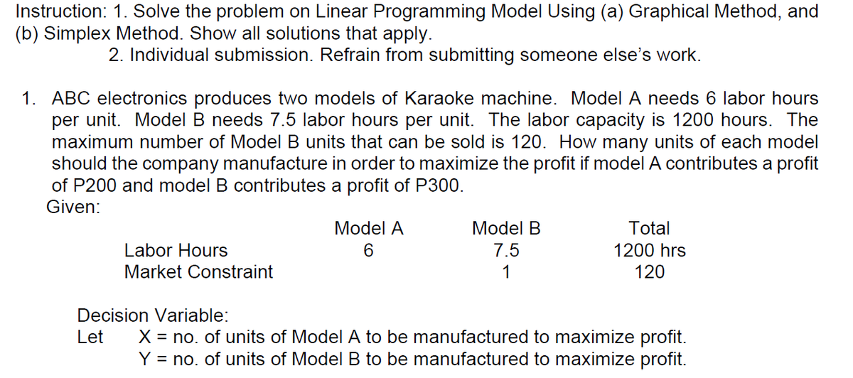 Instruction: 1. Solve the problem on Linear Programming Model Using (a) Graphical Method, and
(b) Simplex Method. Show all solutions that apply.
2. Individual submission. Refrain from submitting someone else's work.
1. ABC electronics produces two models of Karaoke machine. Model A needs 6 labor hours
per unit. Model B needs 7.5 labor hours per unit. The labor capacity is 1200 hours. The
maximum number of Model B units that can be sold is 120. How many units of each model
should the company manufacture in order to maximize the profit if model A contributes a profit
of P200 and model B contributes a profit of P300.
Given:
Labor Hours
Market Constraint
Decision Variable:
Let
Model A
6
Model B
7.5
1
Total
1200 hrs
120
X = no. of units of Model A to be manufactured to maximize profit.
Y = no. of units of Model B to be manufactured to maximize profit.
