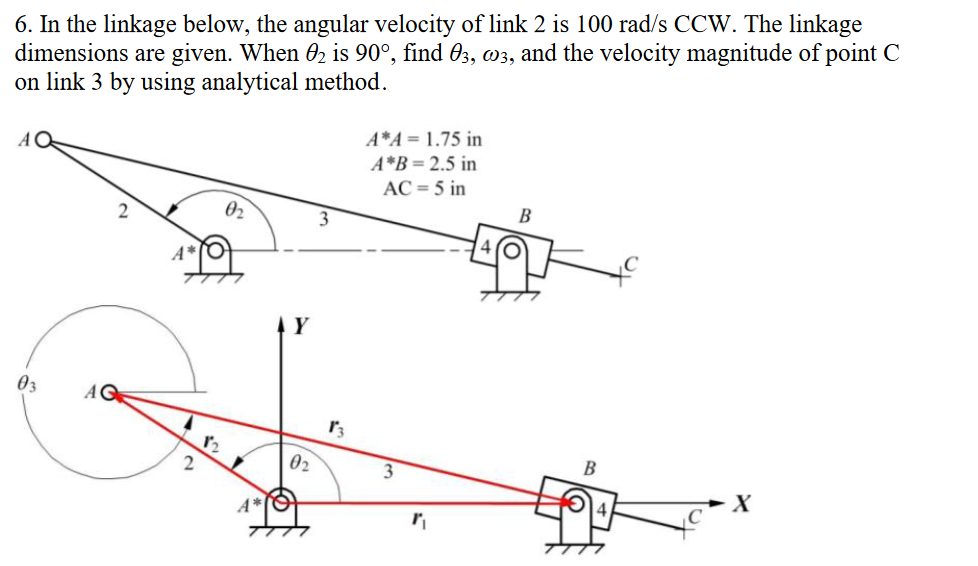 6. In the linkage below, the angular velocity of link 2 is 100 rad/s CCW. The linkage
dimensions are given. When 02 is 90°, find 03, w3, and the velocity magnitude of point C
on link 3 by using analytical method.
A*A= 1.75 in
A*B = 2.5 in
AC = 5 in
02
B
3
Y
03
12
02
3
В
A*
