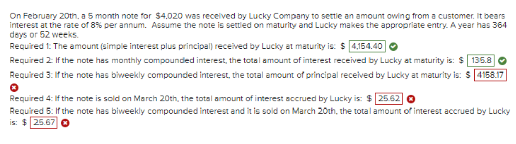 On February 20th, a 5 month note for $4,020 was received by Lucky Company to settle an amount owing from a customer. It bears
interest at the rate of 8% per annum. Assume the note is settled on maturity and Lucky makes the appropriate entry. A year has 364
days or 52 weeks.
Required 1: The amount (simple interest plus principal) received by Lucky at maturity is: $4,154.40
Required 2: If the note has monthly compounded interest, the total amount of interest received by Lucky at maturity is: $135.8
Required 3: If the note has biweekly compounded interest, the total amount of principal received by Lucky at maturity is: $4158.17
Ⓡ
Required 4: If the note is sold on March 20th, the total amount of interest accrued by Lucky is: $ 25.62 €
Required 5: If the note has biweekly compounded interest and it is sold on March 20th, the total amount of interest accrued by Lucky
is: $25.67€