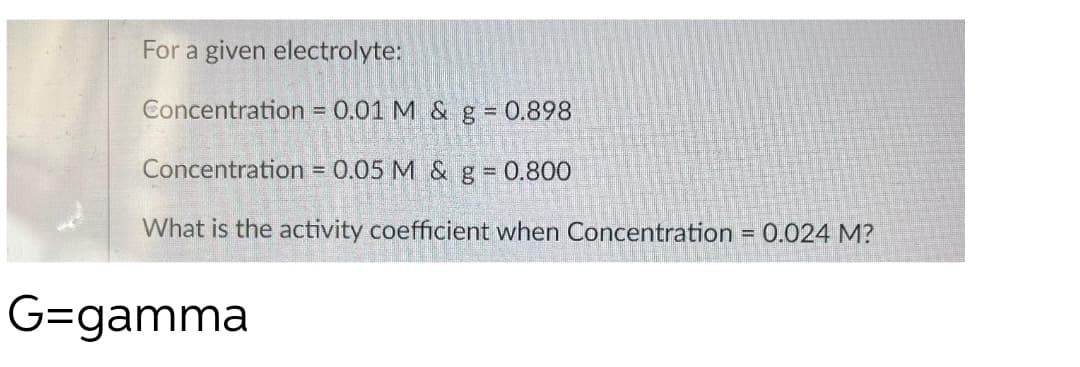 For a given electrolyte:
Concentration = 0.01 M & g = 0.898
Concentration = 0.05 M & g = 0.800
What is the activity coefficient when Concentration = 0.024 M?
G=gamma