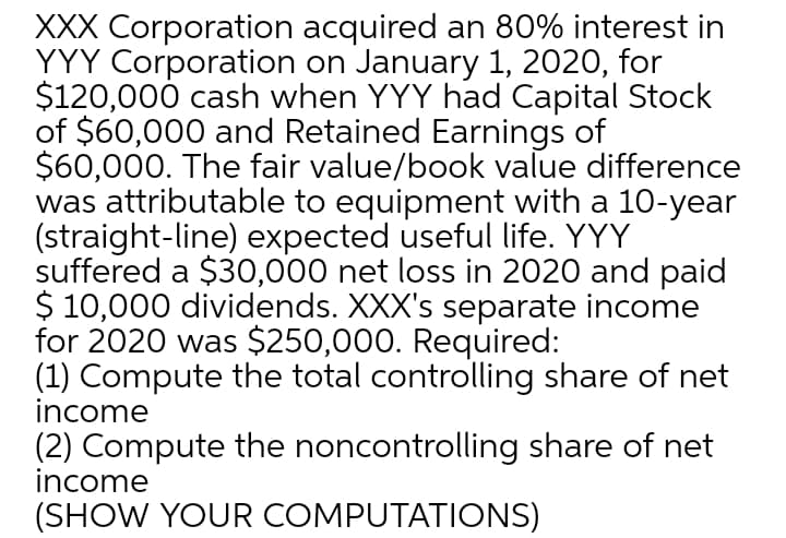 XXX Corporation acquired an 80% interest in
YYY Corporation on January 1, 2020, for
$120,000 cash when YYY had Capital Stock
of $60,000 and Retained Earnings of
$60,000. The fair value/book value difference
was attributable to equipment with a 10-year
(straight-line) expected useful life. YYY
suffered a $30,000 net loss in 2020 and paid
$ 10,000 dividends. XXX's separate income
for 2020 was $250,000. Required:
(1) Compute the total controlling share of net
income
(2) Compute the noncontrolling share of net
income
(SHOW YOUR COMPUTATIONS)
