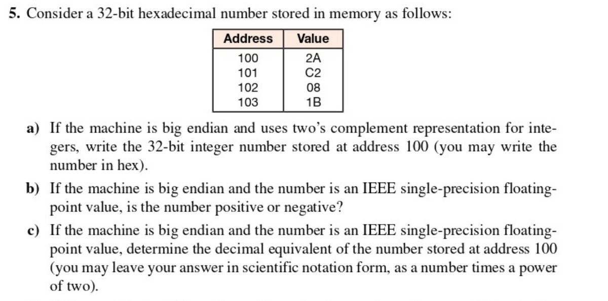 5. Consider a 32-bit hexadecimal number stored in memory as follows:
Address
Value
100
2A
101
C2
102
08
103
1B
a) If the machine is big endian and uses two's complement representation for inte-
gers, write the 32-bit integer number stored at address 100 (you may write the
number in hex).
b) If the machine is big endian and the number is an IEEE single-precision floating-
point value, is the number positive or negative?
c) If the machine is big endian and the number is an IEEE single-precision floating-
point value, determine the decimal equivalent of the number stored at address 100
(you may leave your answer in scientific notation form, as a number times a power
of two).
