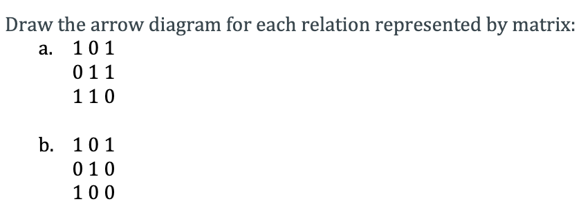 Draw the arrow diagram for each relation represented by matrix:
а. 101
011
110
b. 101
010
100
