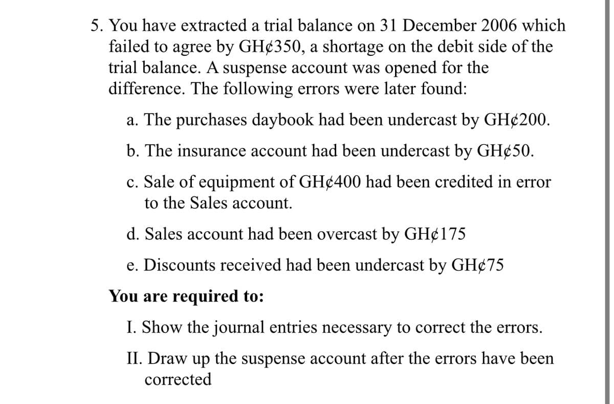 5. You have extracted a trial balance on 31 December 2006 which
failed to agree by GH¢350, a shortage on the debit side of the
trial balance. A suspense account was opened for the
difference. The following errors were later found:
a. The purchases daybook had been undercast by GH¢200.
b. The insurance account had been undercast by GH¢50.
c. Sale of equipment of GH¢400 had been credited in error
to the Sales account.
d. Sales account had been overcast by GH¢175
e. Discounts received had been undercast by GH¢75
You are required to:
I. Show the journal entries necessary to correct the errors.
II. Draw up the suspense account after the errors have been
corrected
