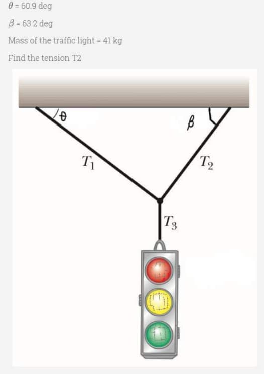 0 = 60.9 deg
8 = 63.2 deg
Mass of the traffic light = 41 kg
Find the tension T2
0
T₁
T3
*****
B
T2