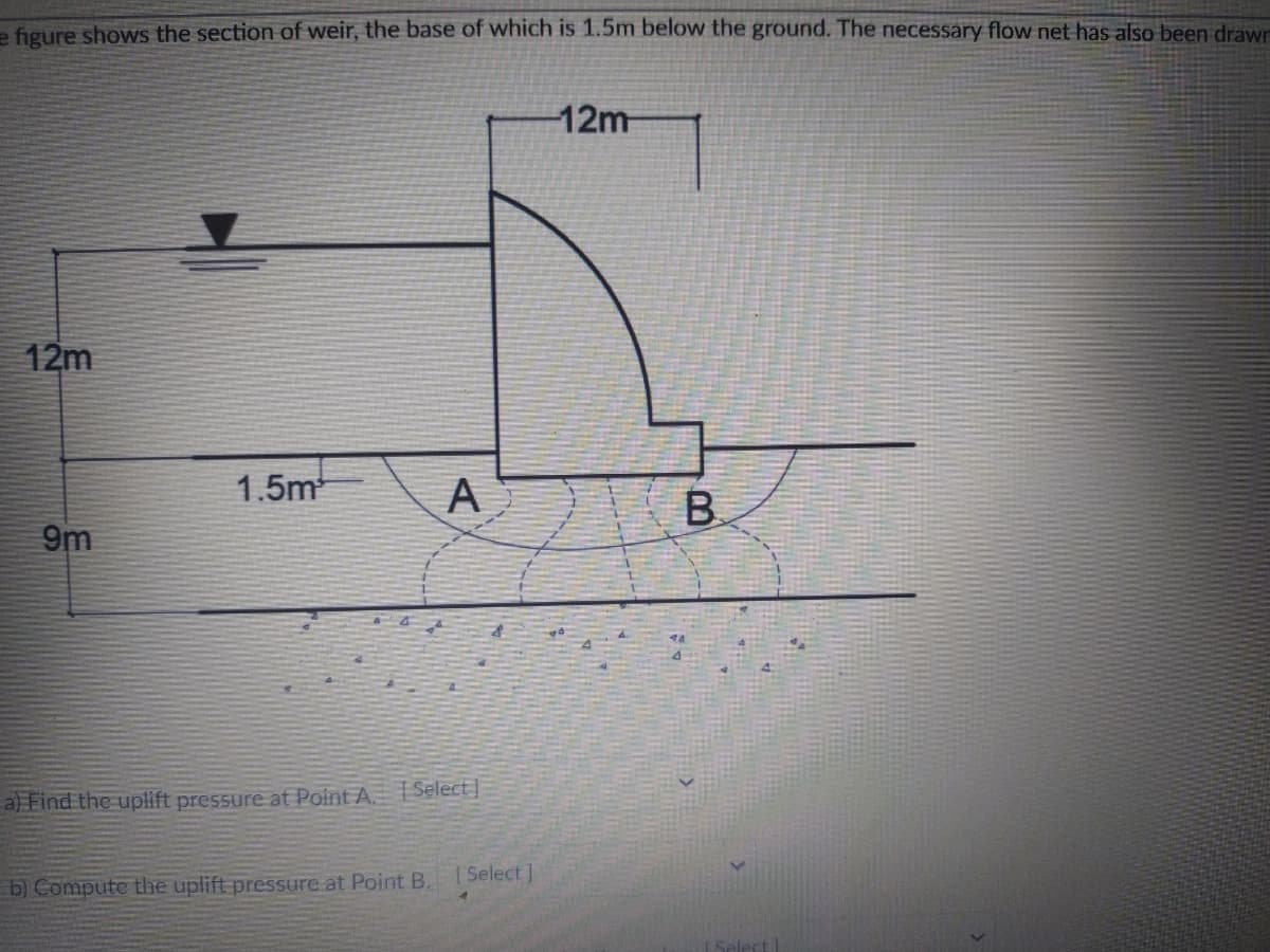 e figure shows the section of weir, the base of which is 1.5m below the ground. The necessary flow net has also been drawn
12m
12m
1.5m
A
B.
9m
al Find the uplift pressure at Point A. ISelect]
Select J
b) Compute the uplift pressure at Point B.
Select
