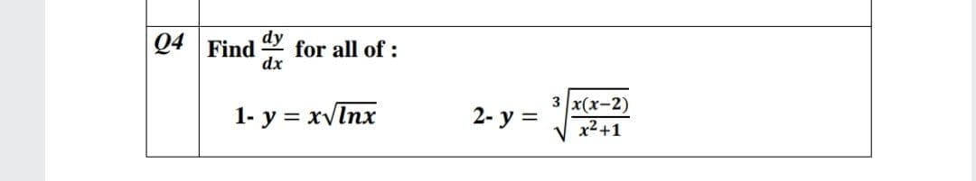Q4 Find for all of :
dx
3 |x(х-2)
1- y = xvInx
2- y =
x2+1
